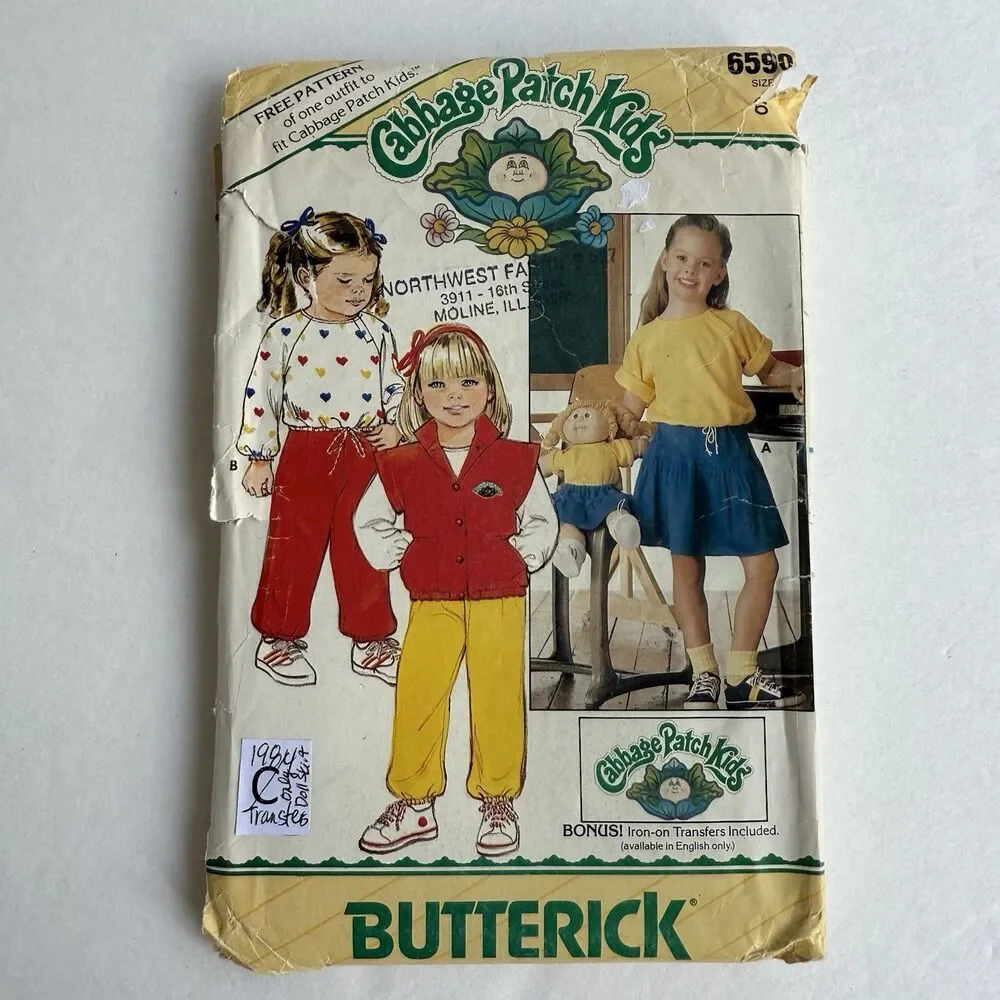Vtg 80s Butterick 6590 Cabbage Patch Kids Vest Top Skirt Pants w/Transfers Sz 6